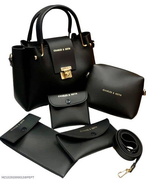 5 Pcs Women's PU Leather Plain Hand Bag Set 3