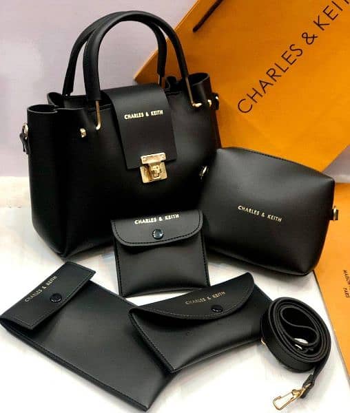 5 Pcs Women's PU Leather Plain Hand Bag Set 4