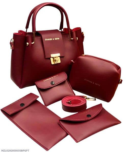 5 Pcs Women's PU Leather Plain Hand Bag Set 6