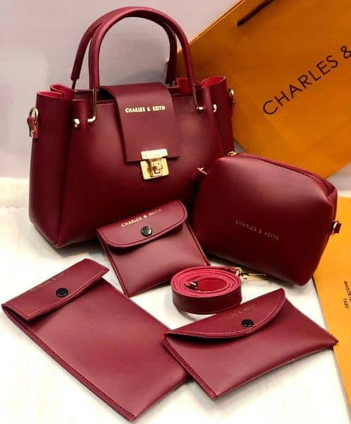 5 Pcs Women's PU Leather Plain Hand Bag Set 8