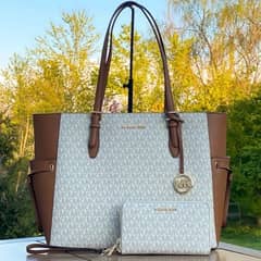 Michael Kors Gilly Brown Vanilla MK Signature Drawstring Large Tote