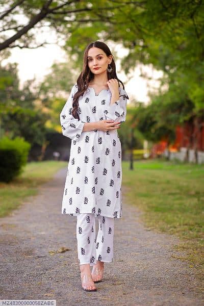 2 Pc Women's stitched linen printed shirt & trouser 1