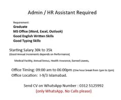 Admin HR assistant Required