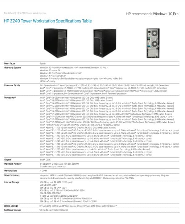 HPZ240 Tower i7 6th Gen (16GM Ram - 128 GBSSD and 500GBHHD 3