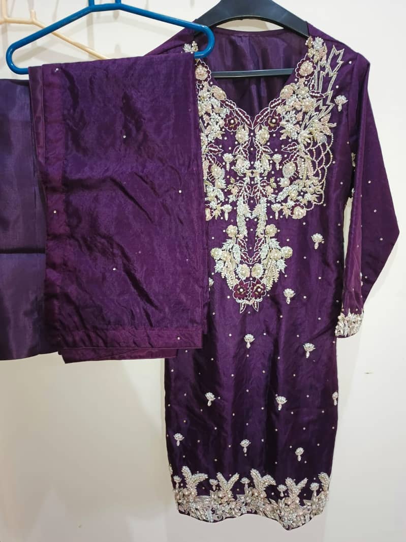 Hand-Embroidered Plum Party Dress - New, Never Worn, Silver/Gold Work 0