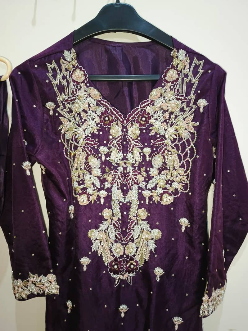 Hand-Embroidered Plum Party Dress - New, Never Worn, Silver/Gold Work 4