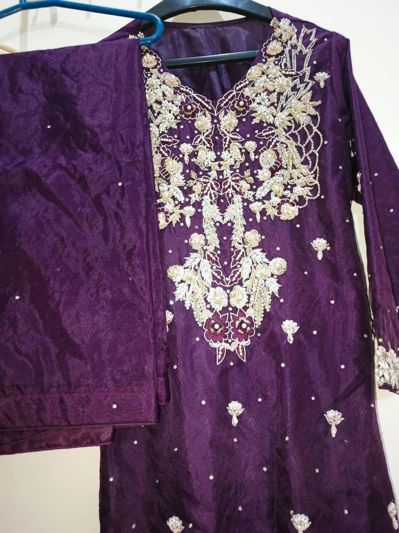 Hand-Embroidered Plum Party Dress - New, Never Worn, Silver/Gold Work 5