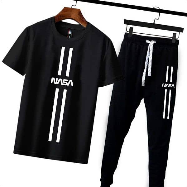 2 Pcs Mens Cotton Printed Track Suit | Tshirt & Trouser 0323-6342137 1