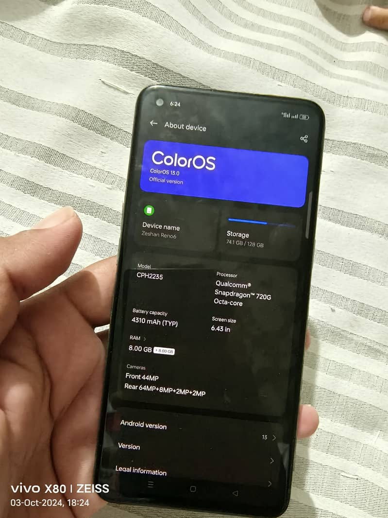 OPPO RENO 6.  RAM 8GB+8GB.  ROM 128GB 1
