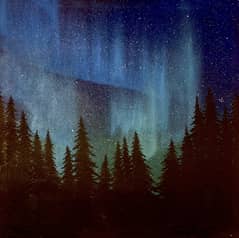 Night view of a starry sky with northern lights and a forest