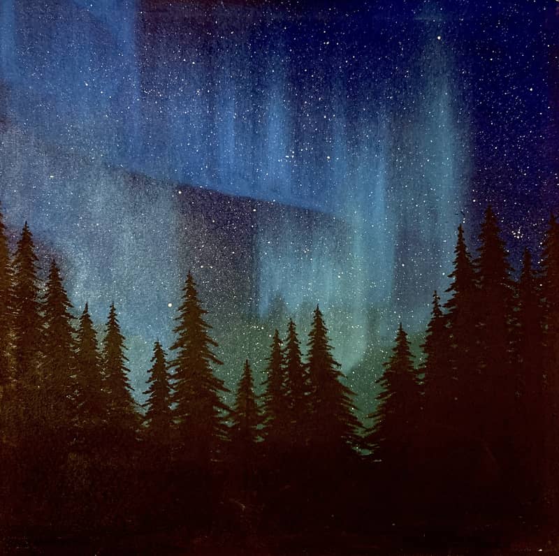 Night view of a starry sky with northern lights and a forest 0