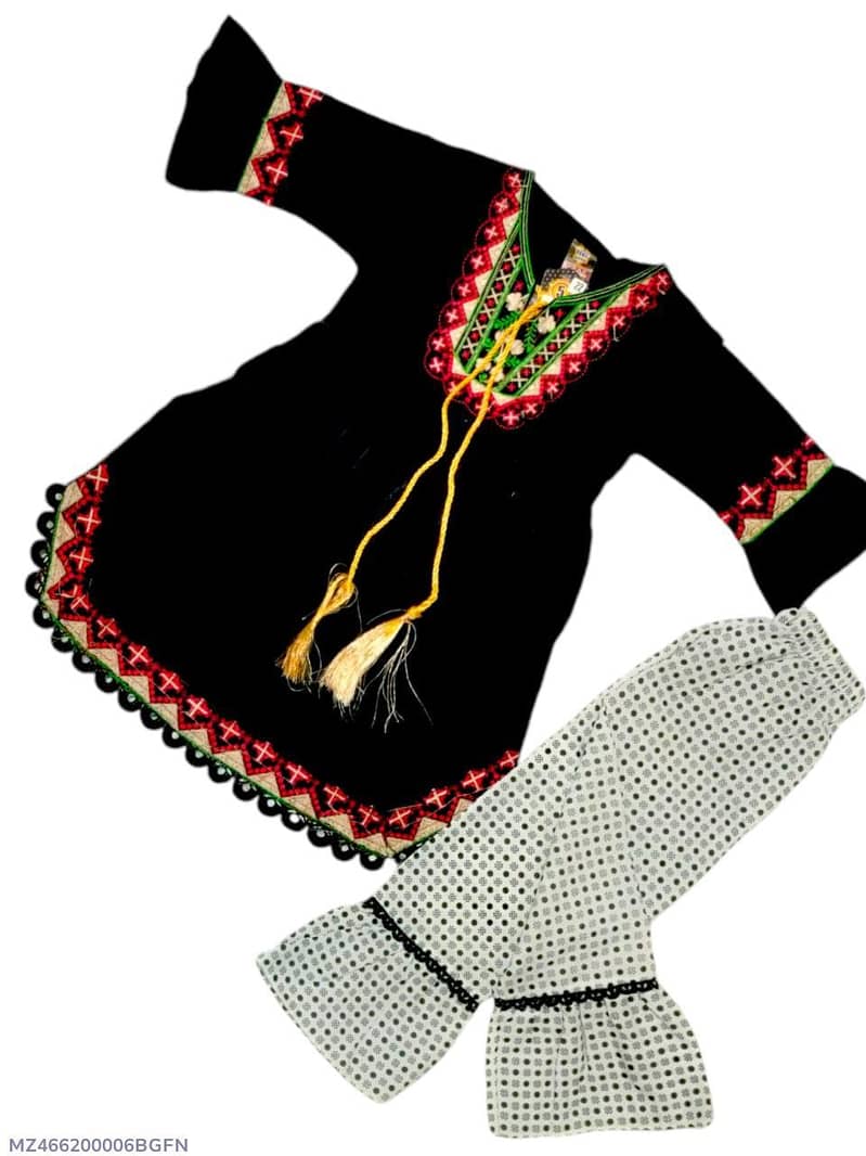 2 Pcs Girl's Cotton Embroidered Frock And Trouser Set 0