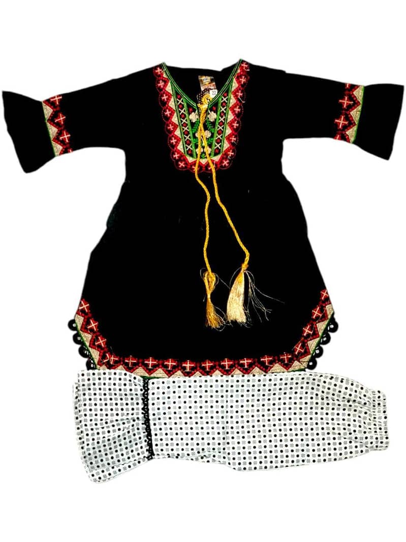 2 Pcs Girl's Cotton Embroidered Frock And Trouser Set 1