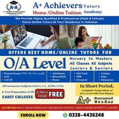 O/A Level, Matric, Inter, Tutors (Male/Female) Available-Home Tuition