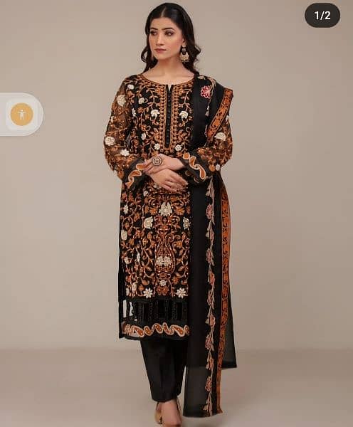 Stiched Medium Size Black Heavy Embroidered 3 Piece Suit. 2