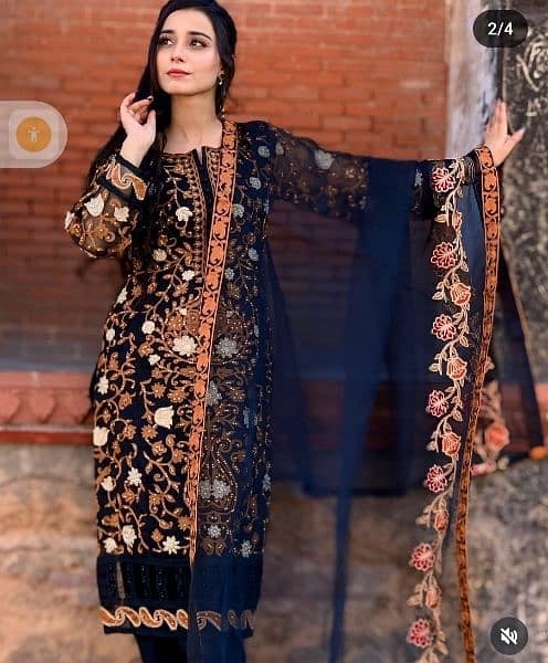 Stiched Medium Size Black Heavy Embroidered 3 Piece Suit. 4