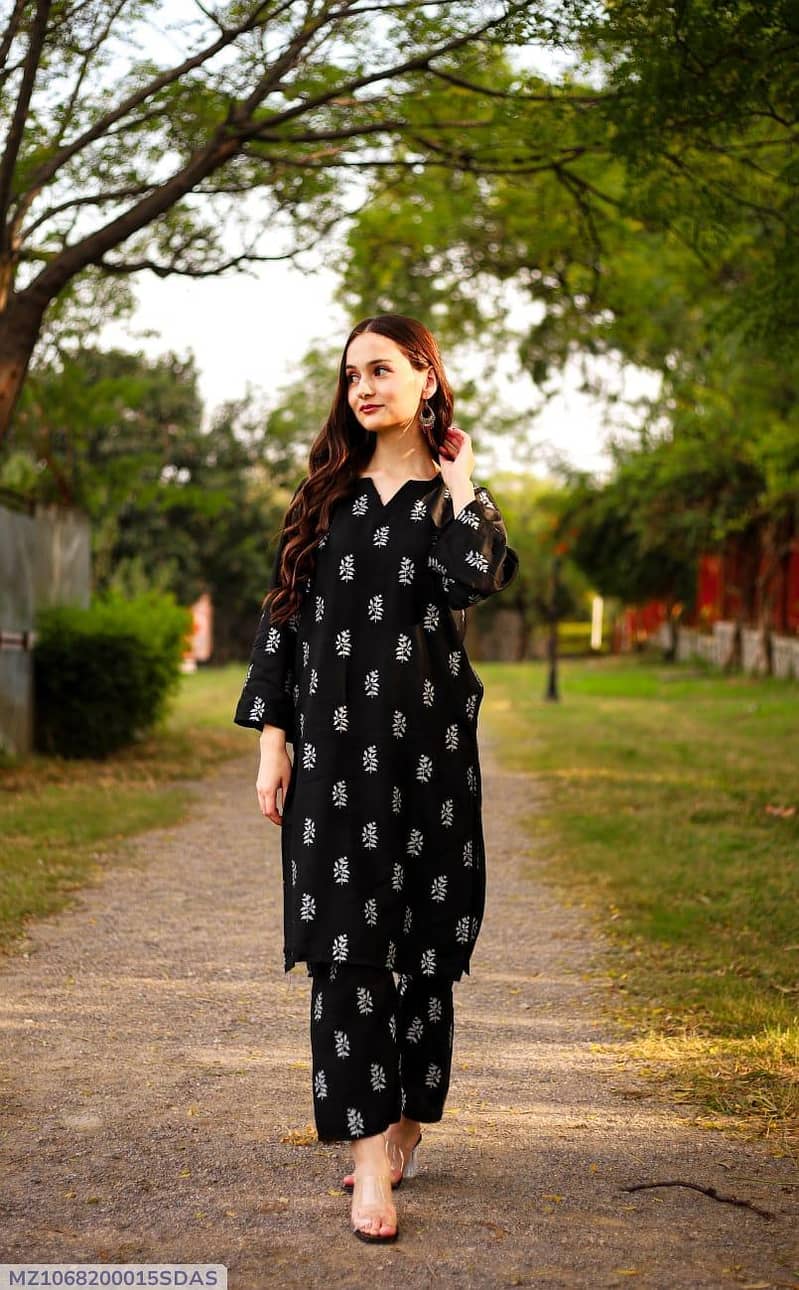 2 PCs woman's Stitched Linen printed Shirts and trouser 7