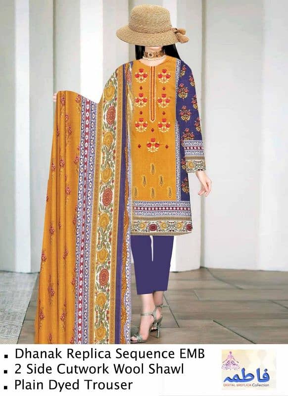 3 Pcs Women's Unstitched Dhanak Printed Suit 1