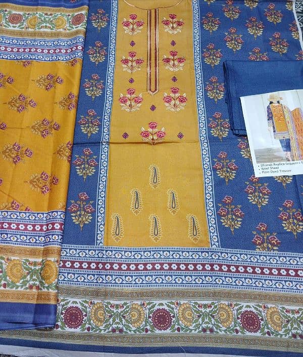 3 Pcs Women's Unstitched Dhanak Printed Suit 2