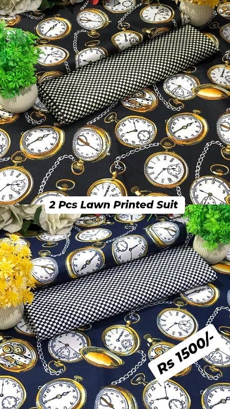 2 Pcs Women's Unstitched Lawn Printed Suit 1