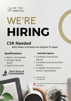 We are hiring CSR For Our Marketing Office. Entry Level /Female/male