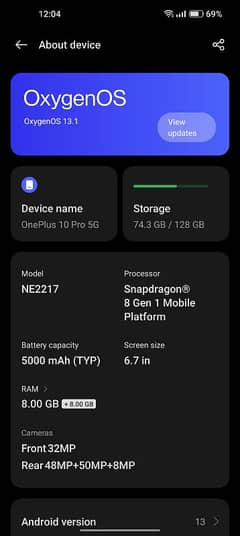 ONE PLUS 10 PRO 8+8 128 sim working