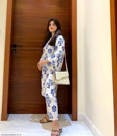 2 piece woman's stitched Linen Block printed shirt and trouser