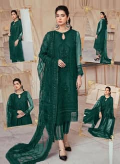 3 piece women's unstitched net hand embroidered suit