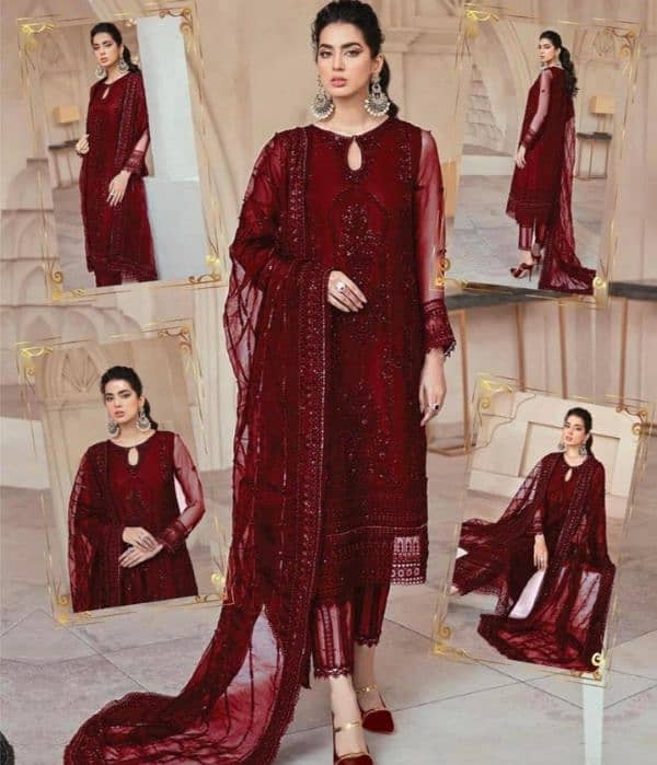 3 piece women's unstitched net hand embroidered suit 2