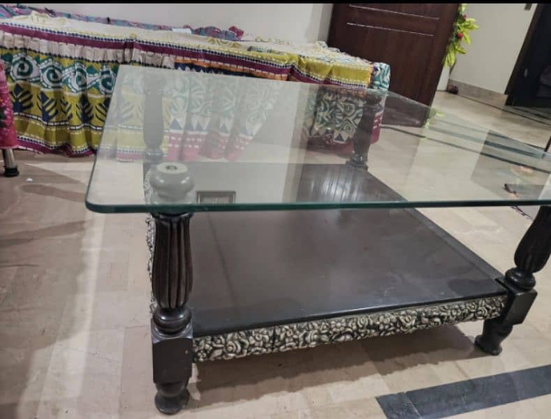 wooden center table with glass top 0