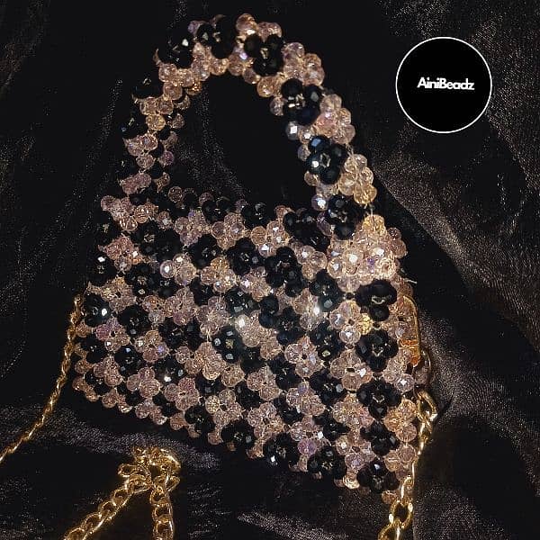 crystal black and baby pink color beaded luxury bags,trendy beaded bag 0