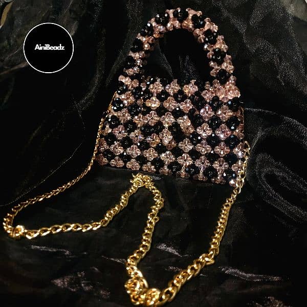 crystal black and baby pink color beaded luxury bags,trendy beaded bag 1