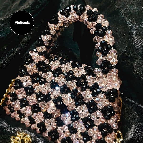 crystal black and baby pink color beaded luxury bags,trendy beaded bag 2