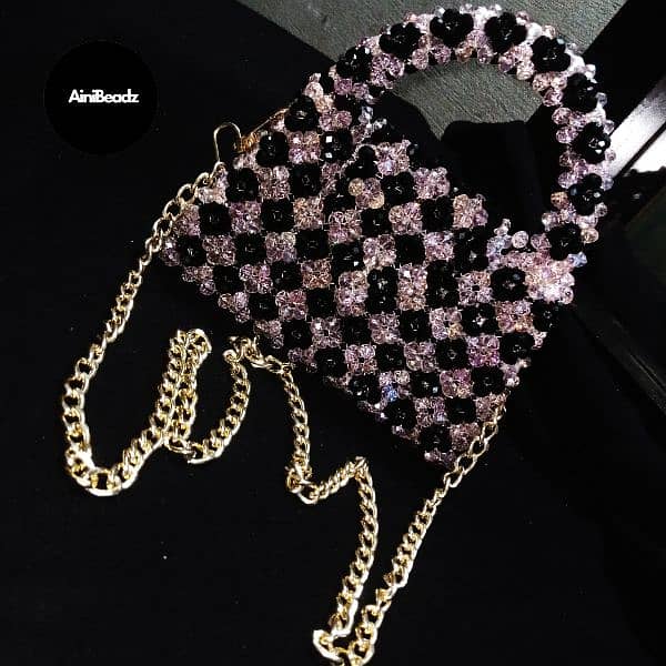 crystal black and baby pink color beaded luxury bags,trendy beaded bag 3