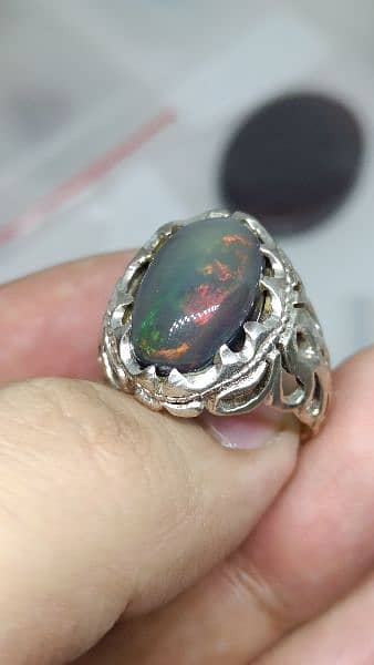 Natural Black Opal stone Kala opal in chandi ring low price for sale 4