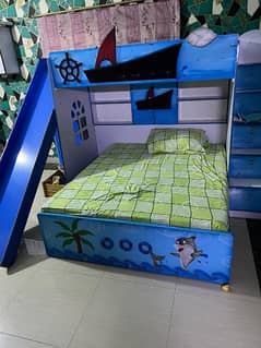 kid wooden double bed | with mattress | slide | wardrobe| five dorwers