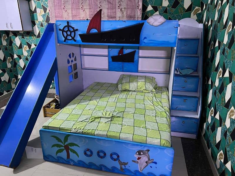 kid wooden double bed | with mattress | slide | wardrobe| five dorwers 1