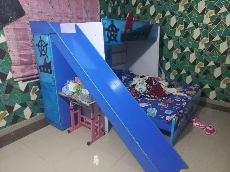 kid wooden double bed | with mattress | slide | wardrobe| five dorwers 2