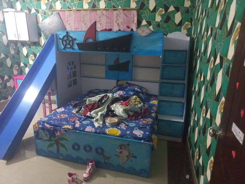 kid wooden double bed | with mattress | slide | wardrobe| five dorwers 4