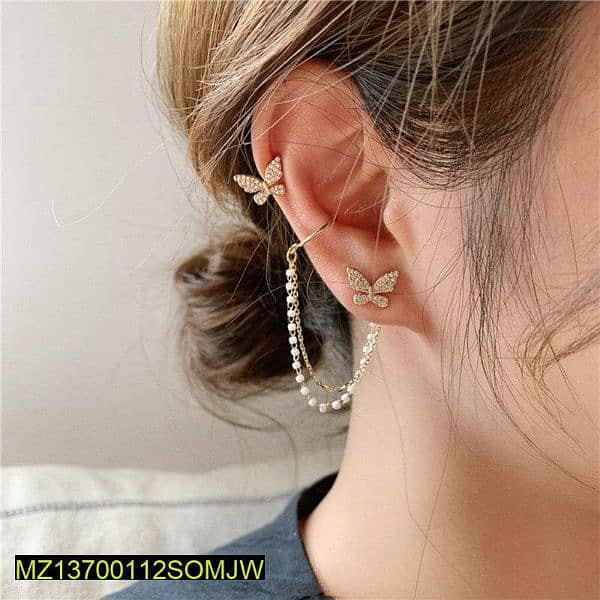 Single Ear Butterfly Metal Chain Tassel Stud Earrings 0