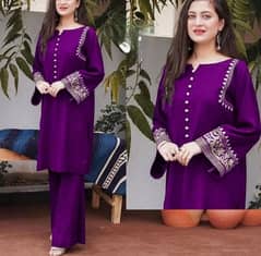 2 Pcs Women's Stitched Linen Embroidered Suit