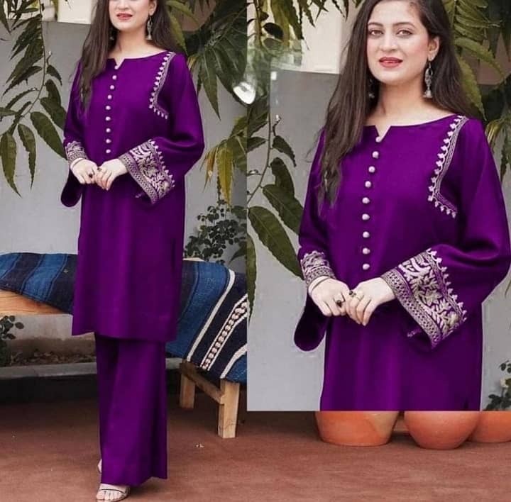 2 Pcs Women's Stitched Linen Embroidered Suit 0