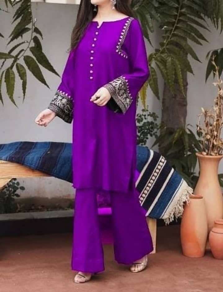 2 Pcs Women's Stitched Linen Embroidered Suit 1