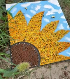 wooden wool wall hanging sunflower and bees scenery