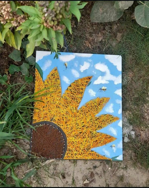 wooden wool wall hanging sunflower and bees scenery 1