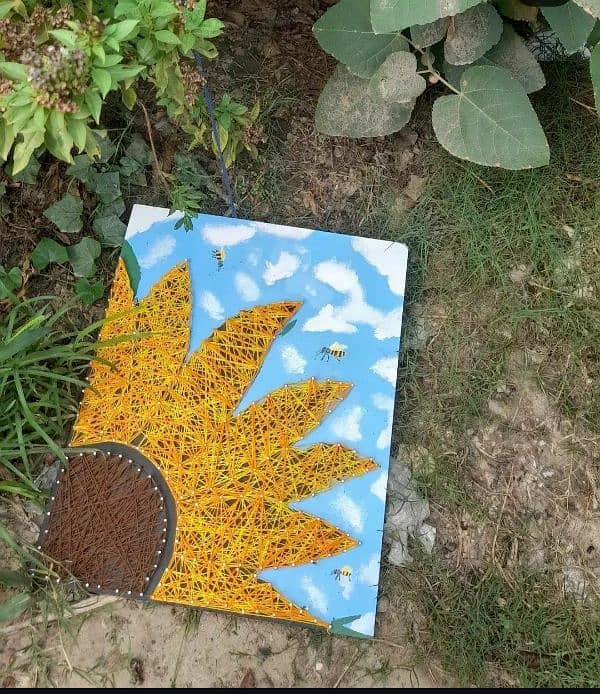 wooden wool wall hanging sunflower and bees scenery 2