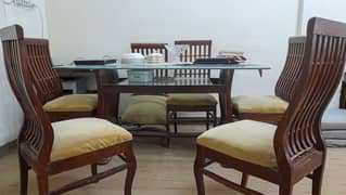 Glass Top Dining Table wooden with 6 Chairs and Double Glass