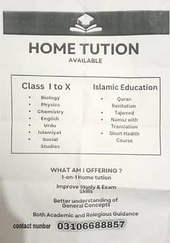 I am Home tutor and Quran pak teacher