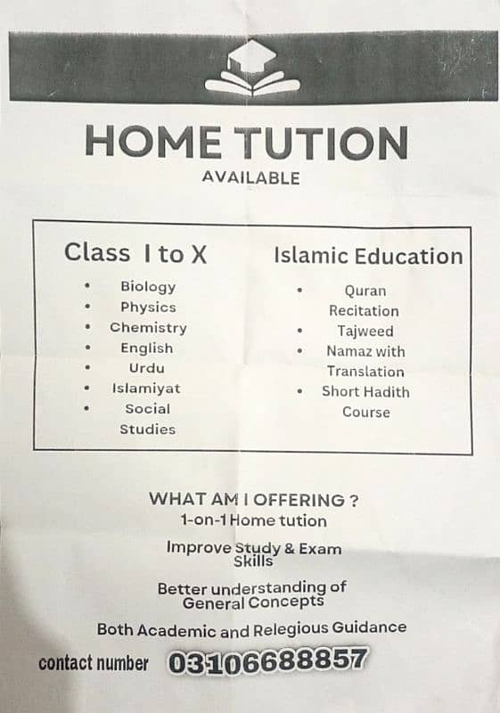 I am Home tutor and Quran pak teacher 0