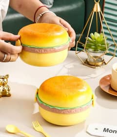 2 Pc Round Cute Burger Shape Lunch Box Perfect For School Kids Office